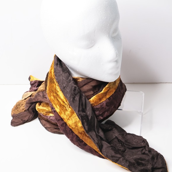 Accessories - VTG Artsy‎ Mixed Texture Velvet Burnout Scarf Brown Gold Earth Tones Striped SEE